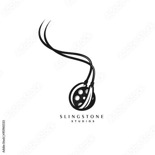 slingshot stone logo with film roll.abstract classic vector illustration.unique film identity.classic film sign