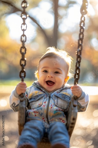 A baby is swinging on a swing and smiling