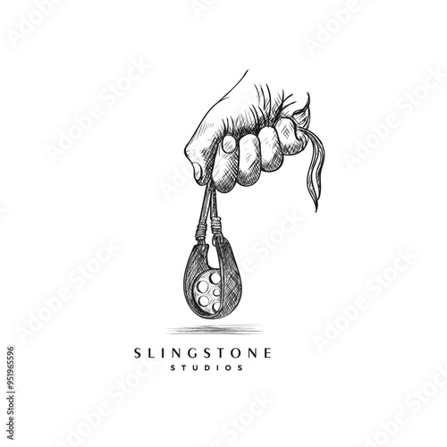 hand drawn logo of a slingshot with a film roll.vector illustration of a hand holding a stone slingshot with a film roll spool.