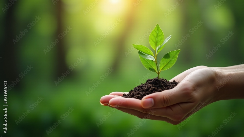 Hands gently cradling a small sprout in soil, symbolizing care and environmental stewardship Hands gently cradling a small sprout in soil, symbolizing care and environmental stewardship