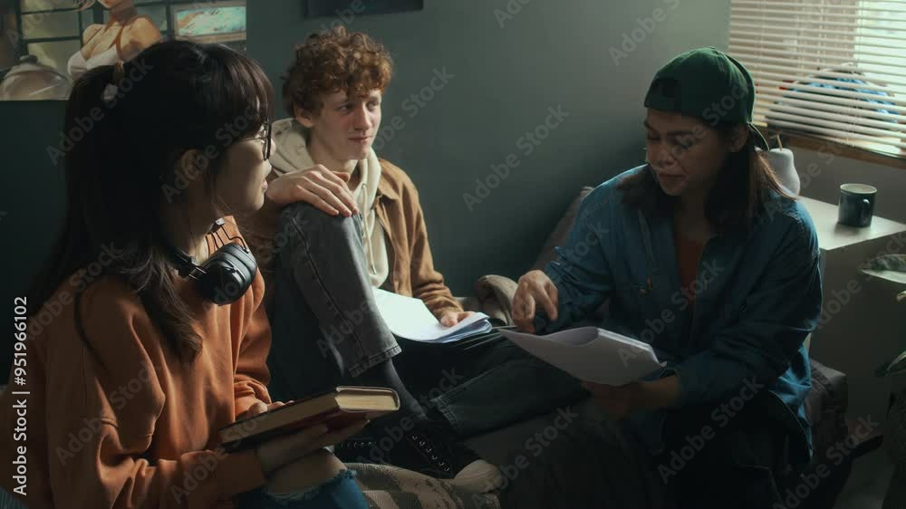 Full shot of group of three diverse cinematography college students gathering in dormitory room to discuss final project and proofread movie script