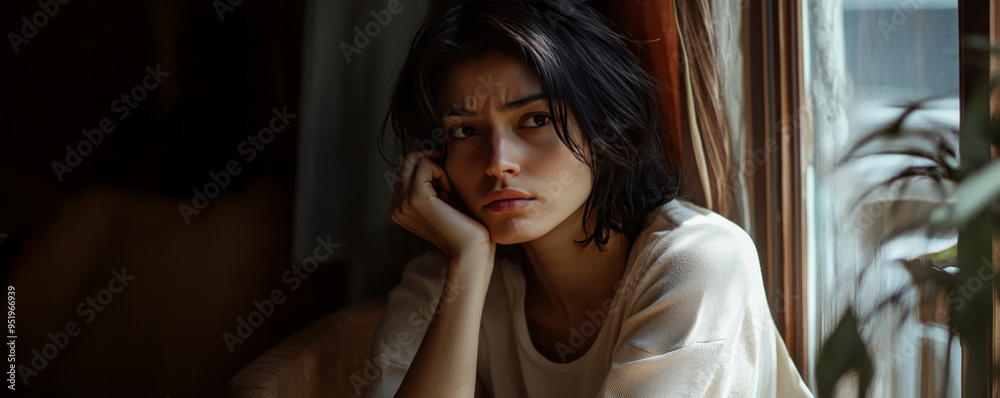 Unhappy young woman sitting near the window Unhappy young woman sitting near the window