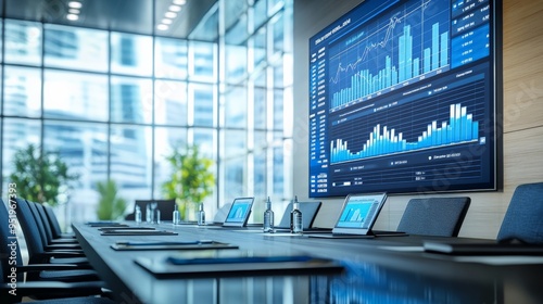 Wallpaper Mural Data-Driven Decisions: A sleek modern boardroom awaits, equipped with cutting-edge technology displaying intricate financial charts, ready for strategic analysis and decisive action.  Torontodigital.ca