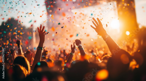 Hands Raised in Celebration Amidst Flying Confetti at a Festival photo