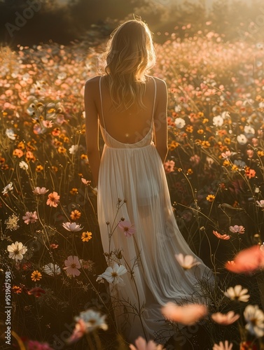 Wallpaper Mural A woman in a white dress walks through a field of wildflowers, bathed in golden sunlight. Torontodigital.ca