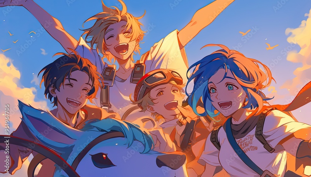 Four Smiling Anime Characters with a Blue Creature in Front of a Sunset Sky