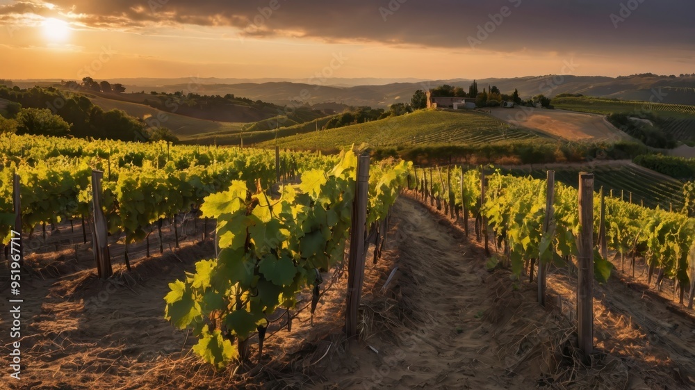 Naklejka premium Vineyard landscape on hill with sunset panorama
