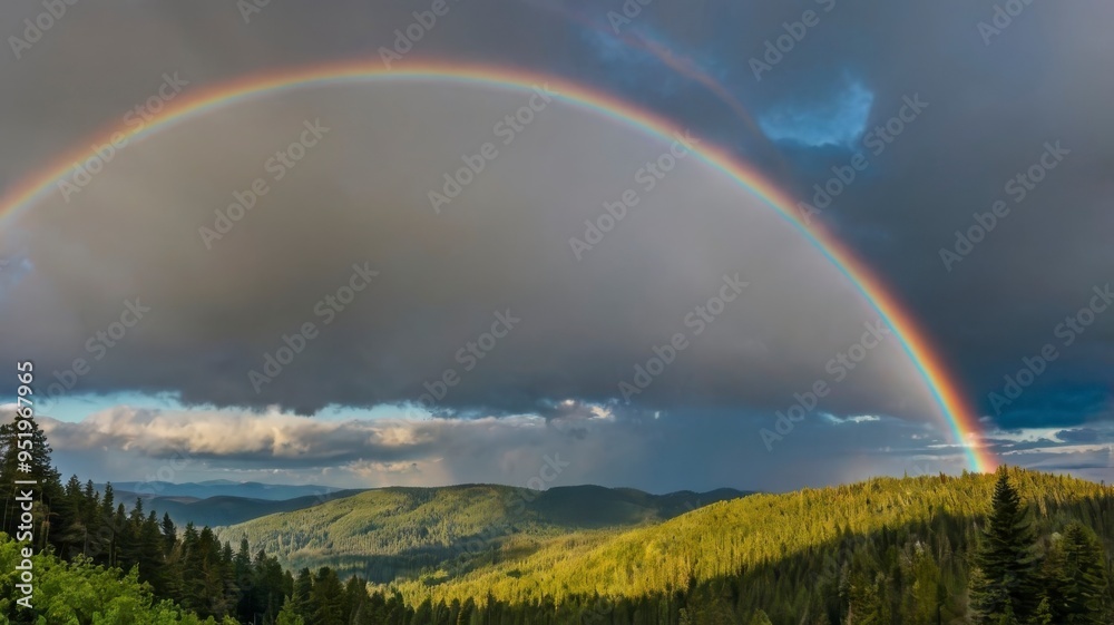 Rainbow arching over panoramic forest landscape Rainbow arching over panoramic forest landscape