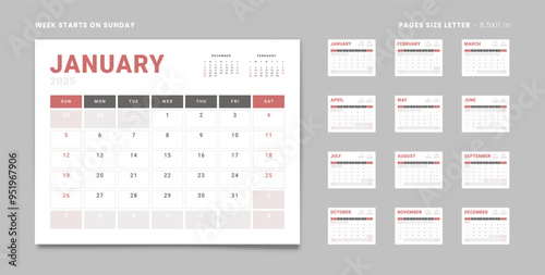 Set of 12 Pages Monthly Calendar Planner Templates on 2025 year. Vector mockup of a wall or desktop calendar with the week start on Sunday for print in grey and red color. Pages size Letter -8.5x11 in