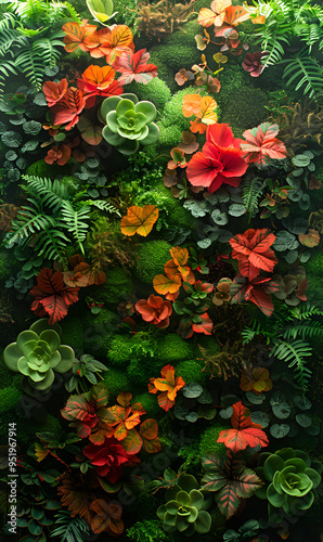 The image is a close-up of a vertical garden with a variety of plants and flowers. 