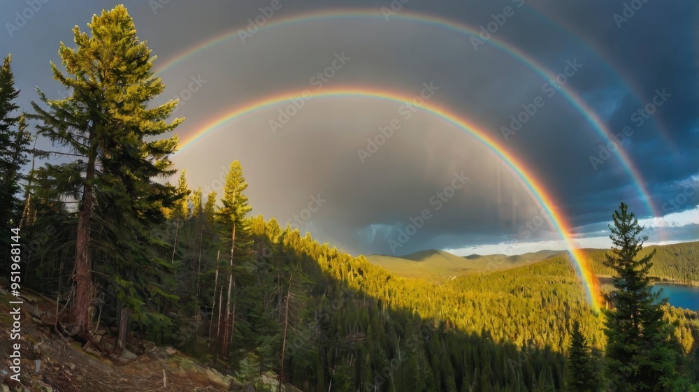 Naklejka premium Rainbow arching over panoramic forest landscape 
