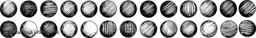 Hand drawn textured charcoal doodle sphere and circle design elements set black and white sketches and engravings ideal for graphic art projects and abstract monochrome illustrations