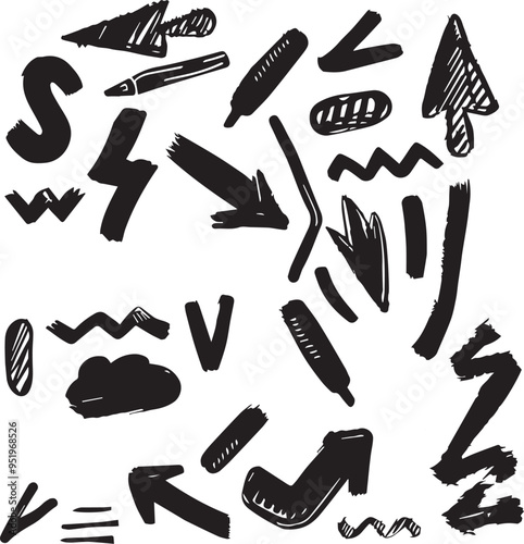 Charcoal Doodle Hand Drawn Scribbles Graphic Elements Including Arrows Shapes Highlight Icons Digital Stickers for Social Media Marketing Website Design Emphasis Swishes Swoops Symbols