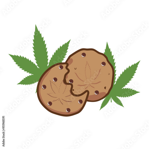 Vector illustration featuring cannabis (weed) leaves alongside cookies and biscuits infused with marijuana. Suitable for representing edible cannabis products, medical use, or lifestyle design themes.