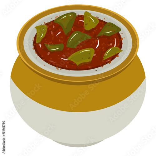 Indian Spicy Mango Pickle, Achaar, famous Indian Sour Spicy Tangy mango Pickle in the jar illustration, mango pickle jar vector illustration, indian pickles