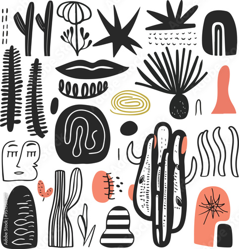 Abstract charcoal doodle set modern organic shapes hand-drawn elements including floral botanical faces star icons illustration design isolated vector for creative projects