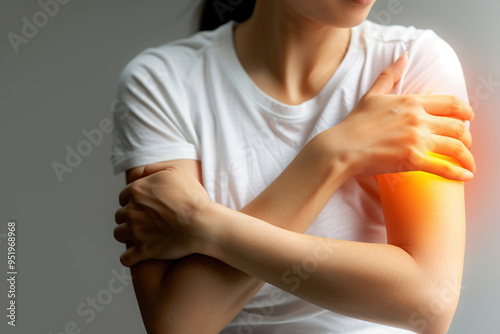 Woman with pain in the forearm, inflammation of the shoulder and elbow joint, health problems concept photo