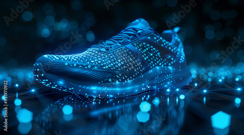 Shoe with binary code patterns on blue digital background for futuristic footwear concepts