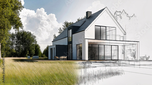 Illustration showing a modern house project becoming a real home, blending technical drawing with a real photo photo