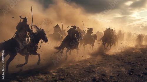 Cinematic Mongol Cavalry Charge with Warriors on Horseback in a Dusty Battlefield