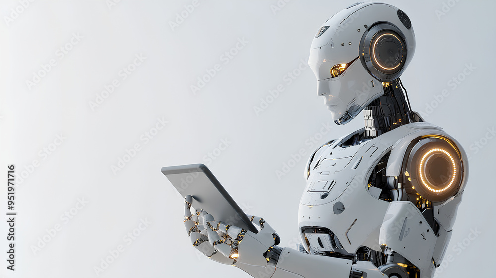 Ai robot using tablet isolate on white background Ai robot using tablet isolate on white background
