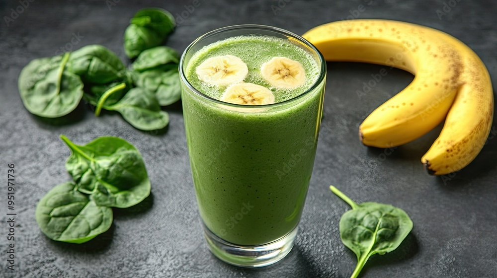 Protein smoothie with banana and spinach, served in a glass, refreshing and nutritious Protein smoothie with banana and spinach, served in a glass, refreshing and nutritious