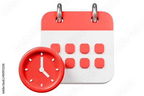 3d Red Calendar with clock icon on isolated purple background. Reminder notification or Time management concept. Website Ui design icon. Minimal 3d cartoon red calendar time zone icon. 3d render.