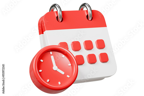 3d Red Calendar with clock icon on isolated purple background. Reminder notification or Time management concept. Website Ui design icon. Minimal 3d cartoon red calendar time zone icon. 3d render.