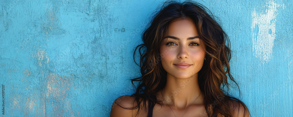 A stylish Hispanic woman standing confidently in front of a blue background. A stylish Hispanic woman standing confidently in front of a blue background.