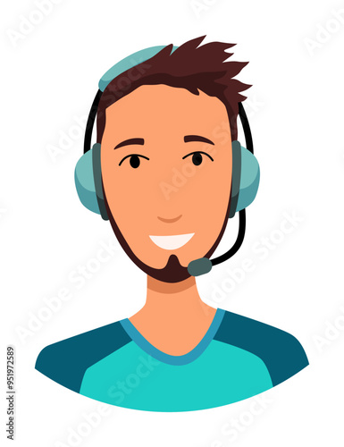 Call center operator avatar with headphone. Online support service assistant. Male customer help manager. Vector illustration of character