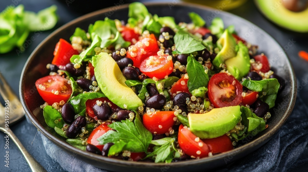Protein-packed quinoa and black bean salad with avocado, healthy plant-based meal Protein-packed quinoa and black bean salad with avocado, healthy plant-based meal