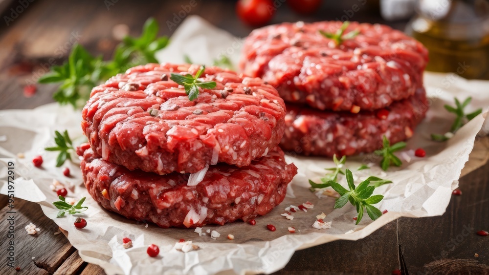 Hamburger patties made of raw ground beef, sprinkled with spices and laid on parchment sheets. Hamburger patties made of raw ground beef, sprinkled with spices and laid on parchment sheets.
