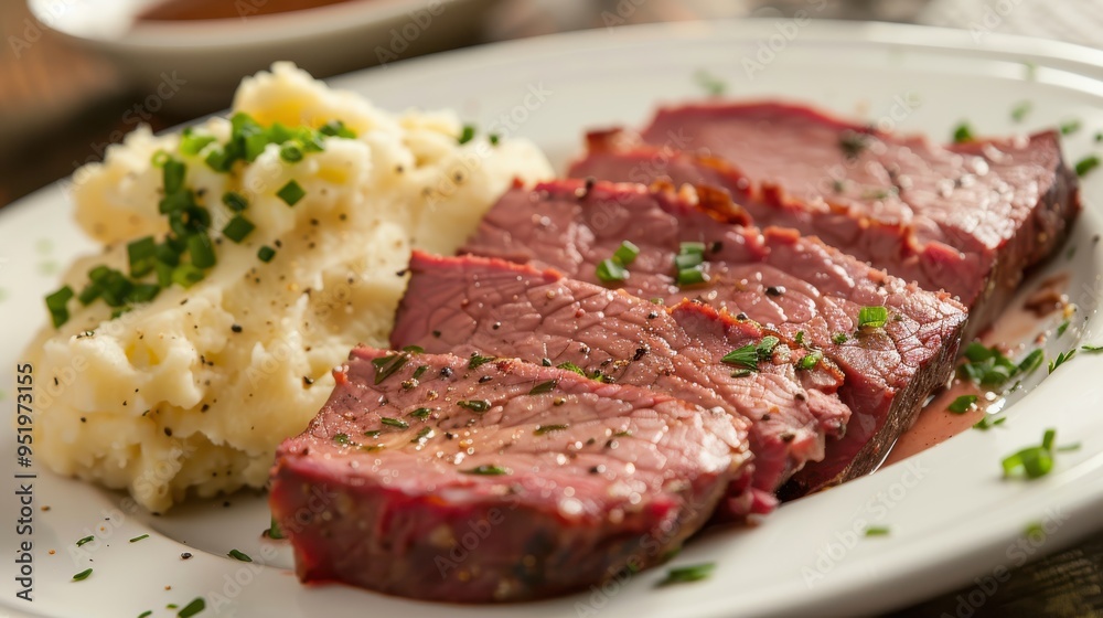 Plate of corned beef served alongside creamy mashed potatoes. Plate of corned beef served alongside creamy mashed potatoes.