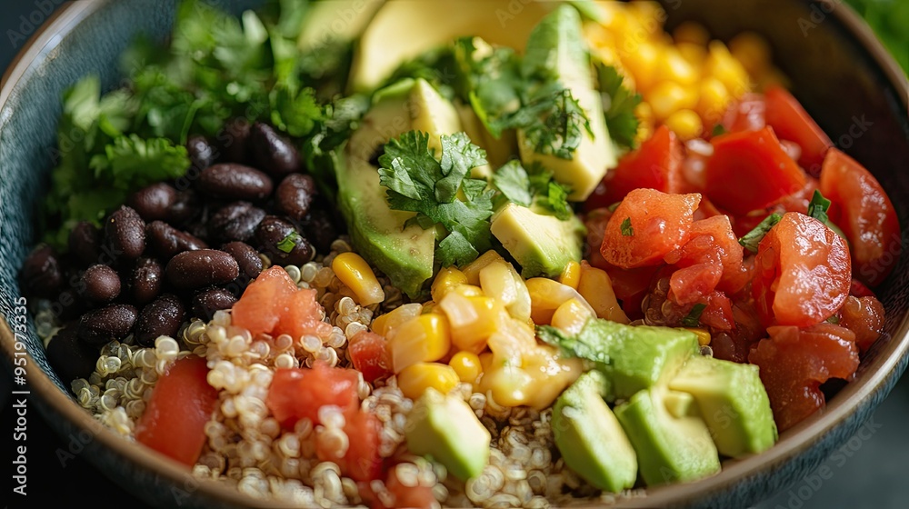 Protein-packed quinoa bowl with black beans, avocado, and salsa, healthy and nutritious meal Protein-packed quinoa bowl with black beans, avocado, and salsa, healthy and nutritious meal