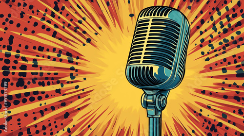 Pop Art Retro Microphone on Explosive Sunburst Background photo