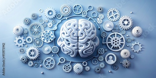 MinimalistComposition featuring a 3D brain with cogs and gears spinning rapidly, surrounded by subtle marketing icons and strategy papers in a cool, calm, and focused mood. photo