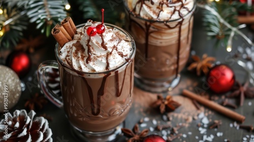 Rich chocolate drink adorned with holiday decorations.