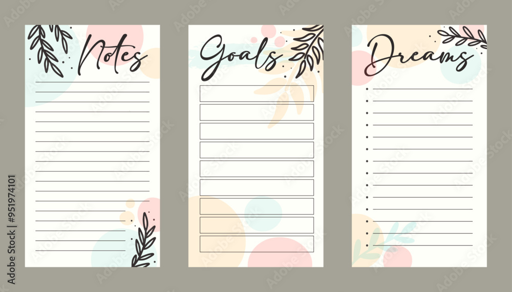 Planner pages template set, notes, goals and dreams blank layout vector ...