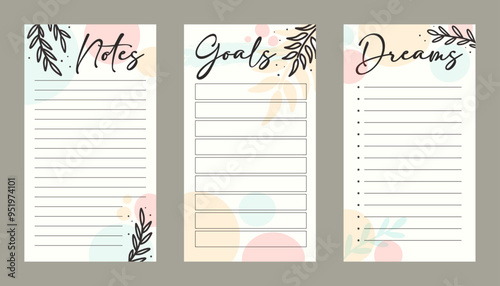 Planner pages template set, notes, goals and dreams blank layout vector, floral handrawn design illustration