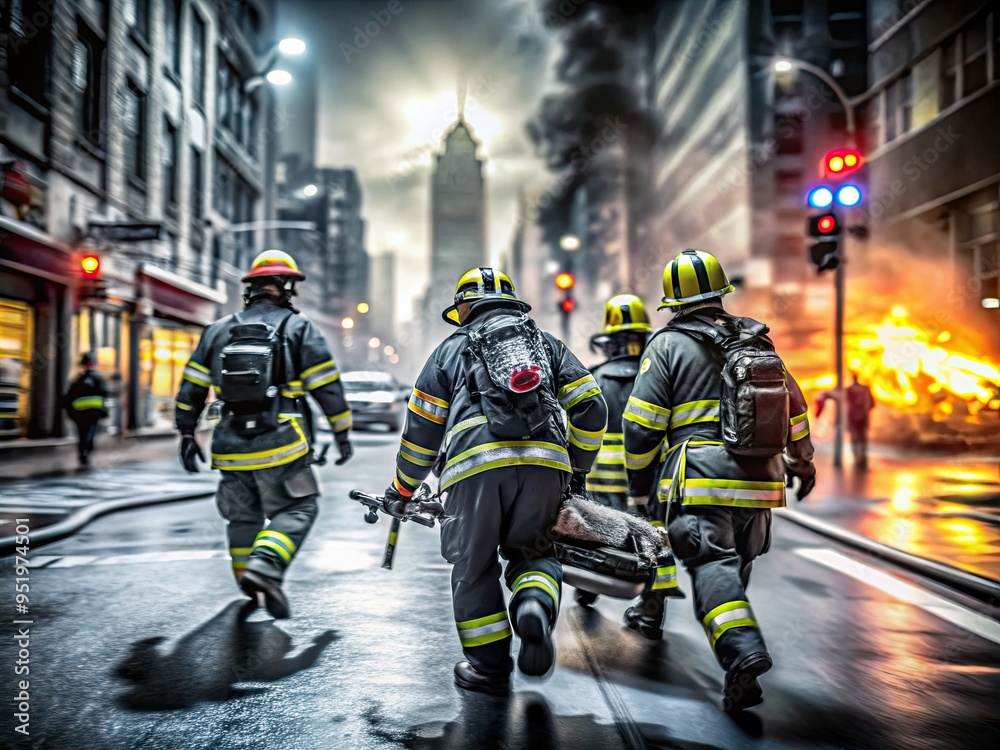 Emergency responders in action amidst city chaos at dusk with blurred lights, capturing heroism and urgency in high-contrast black and white photography. Emergency responders in action amidst city chaos at dusk with blurred lights, capturing heroism and urgency in high-contrast black and white photography.