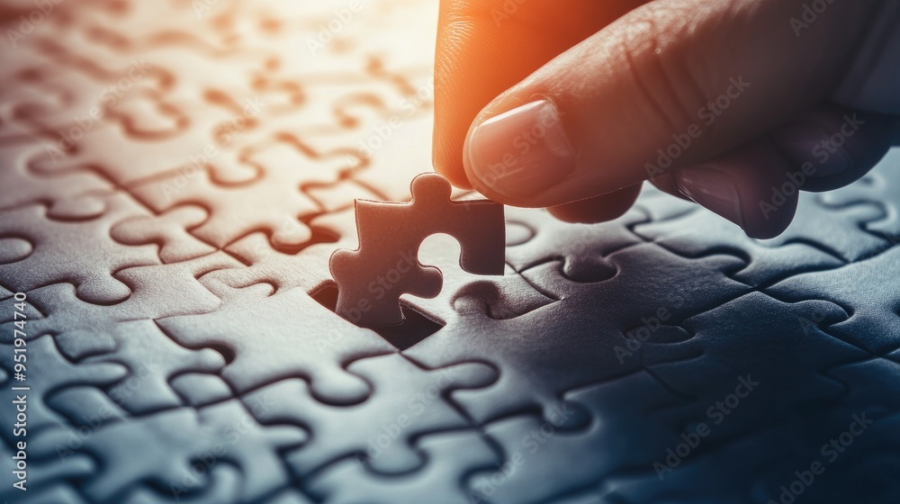 Hand placing final piece of jigsaw puzzle. Hand placing final piece of jigsaw puzzle.
