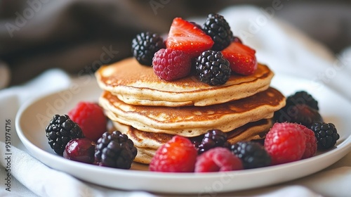 Protein-rich almond flour pancakes with fresh berries, served on a plate, nutritious breakfast