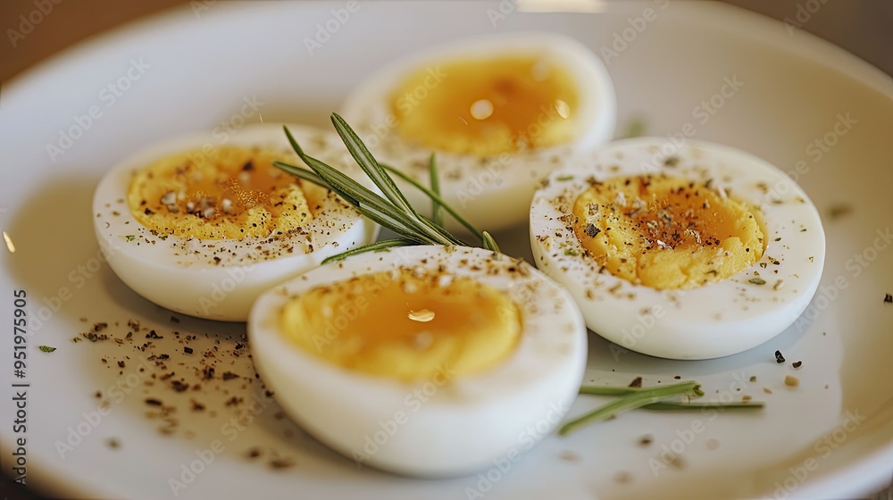 Protein-rich hard-boiled eggs sliced and ready to eat, served on a white plate Protein-rich hard-boiled eggs sliced and ready to eat, served on a white plate