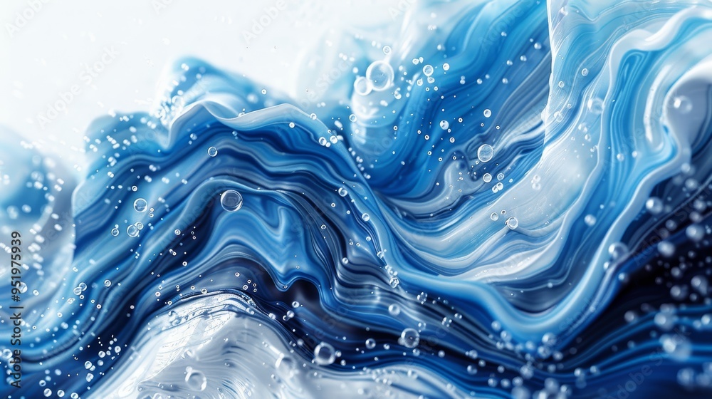 Abstract blue and white liquid swirls with bubbles create a dynamic, flowing background. Abstract blue and white liquid swirls with bubbles create a dynamic, flowing background.