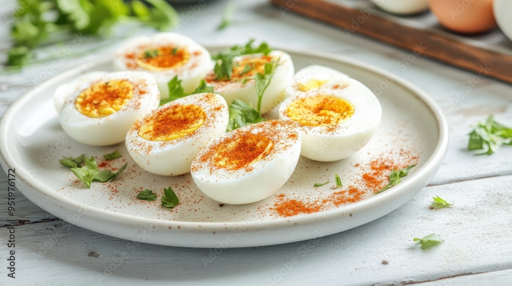 Protein-rich hard-boiled eggs with a sprinkle of paprika, served on a white plate Protein-rich hard-boiled eggs with a sprinkle of paprika, served on a white plate