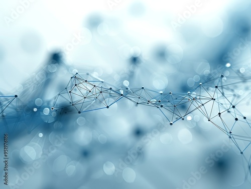 Abstract blue network with glowing nodes.  Digital network connection, technology background.  Great for tech, science and data visualization.