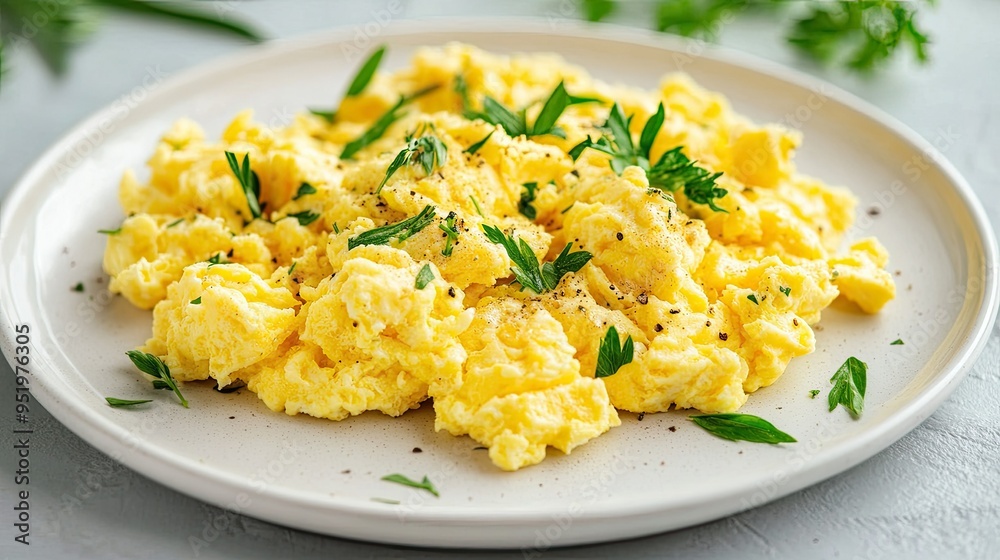 Protein-rich scrambled eggs with fresh herbs, served on a white plate, healthy breakfast Protein-rich scrambled eggs with fresh herbs, served on a white plate, healthy breakfast