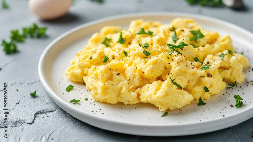 Protein-rich scrambled eggs with fresh herbs, served on a white plate, healthy breakfast Protein-rich scrambled eggs with fresh herbs, served on a white plate, healthy breakfast