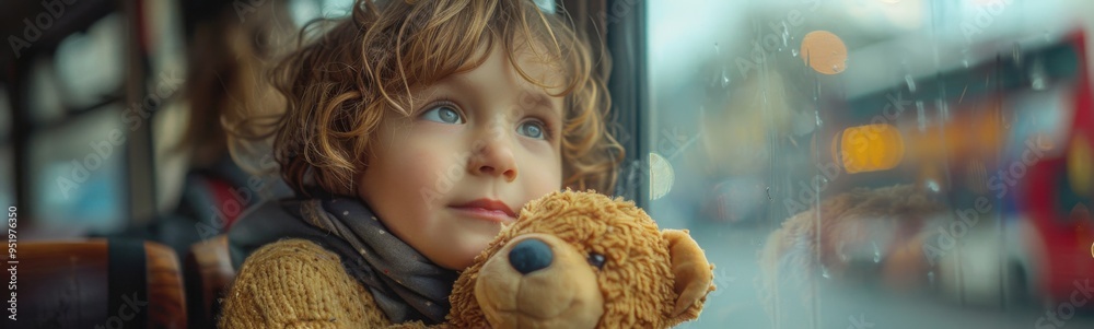 Little boy that is holding toy bear at the bus Little boy that is holding toy bear at the bus