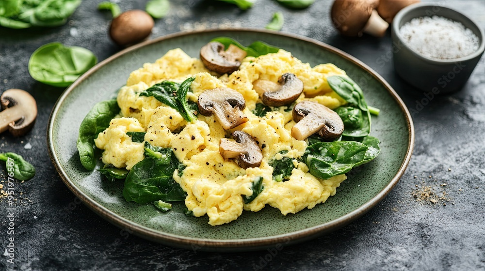 Protein-rich scrambled eggs with spinach and mushrooms, served on a plate, healthy breakfast Protein-rich scrambled eggs with spinach and mushrooms, served on a plate, healthy breakfast